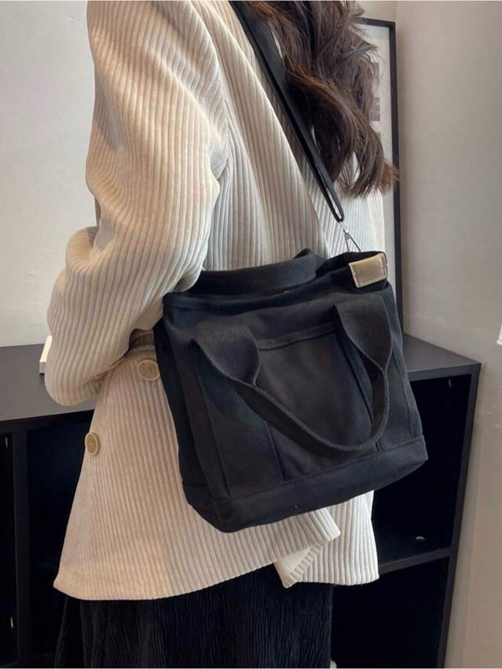 SHEIN Black Canvas Bag - Minimal Everyday Shoulder Bag